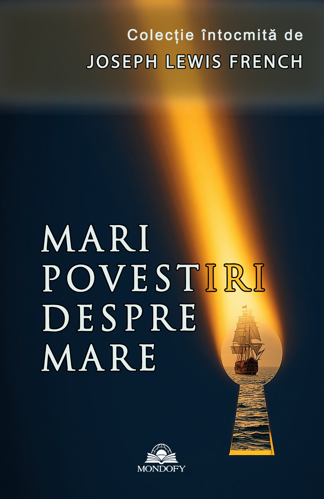 Book cover design with text “Mari Povestiri Despre Mare” and a sailing ship on ocean.