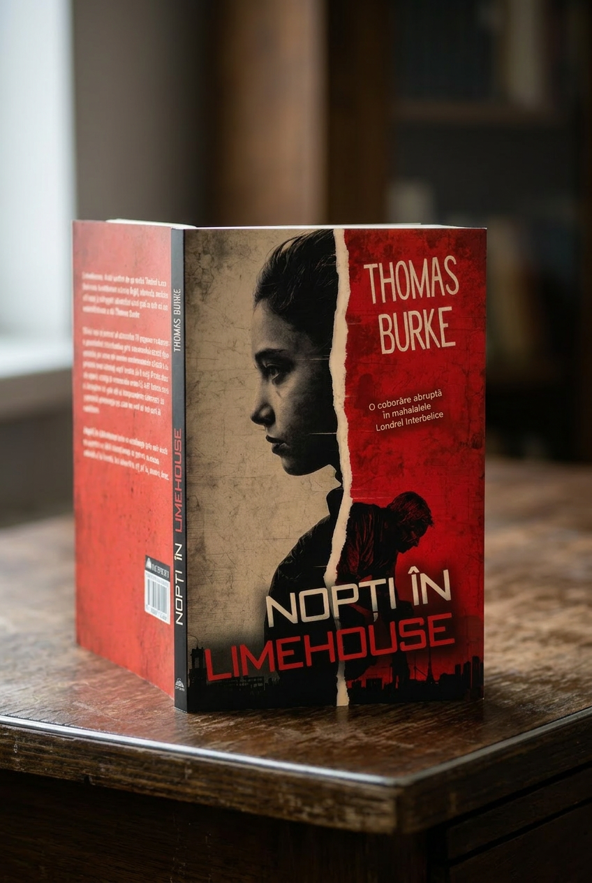 Book cover titled “NOPȚI ÎN LIMEHOUSE” featuring author Thomas Burke, red and gray design on wooden table.